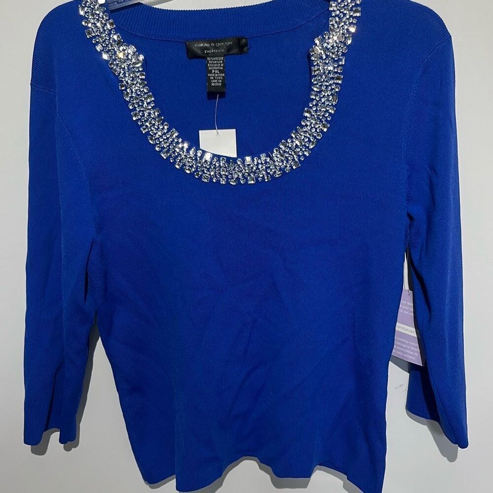 Cable & Gauge Women's Blue Rhinestone Neck 3/4 Sleeve Knit Blouse Petite XL NWT